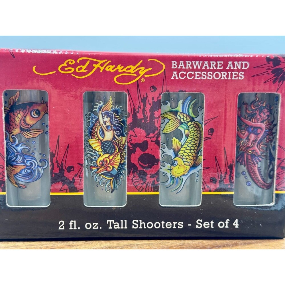 ED HARDY Koi Fish 2 fl. oz. Tall Shooter Glasses Set Of Four Barware NEW!
